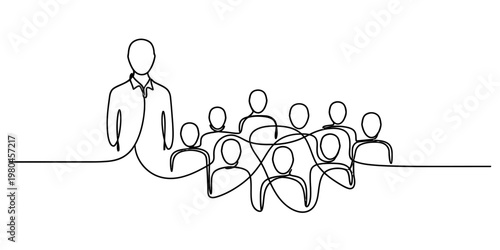 A single continuous line drawing of a leader standing in front of a group of diverse team members