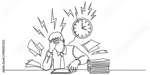 A stressed businessman feeling overwhelmed by a heavy workload and tight project deadlines today