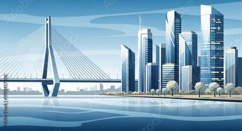 Modern Cityscape with Cable Stayed Bridge and Tall Buildings.