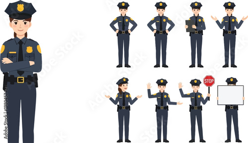 Police Officer Character Vector Set with Different Poses Including Stop Sign, Gesture, Standing and Uniformed Law Enforcement Illustration