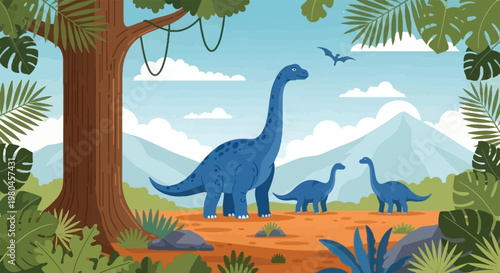 Dinosaur Jungle Landscape Vector Illustration with Brachiosaurus Family, Tropical Plants and Prehistoric Nature Scene for Kids Education and Wildlife Design