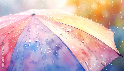 Obraz na płótnie 梅雨の季節に明るい雨空の下で水たまりに波紋を広げる赤い傘の水彩画風イラスト素材