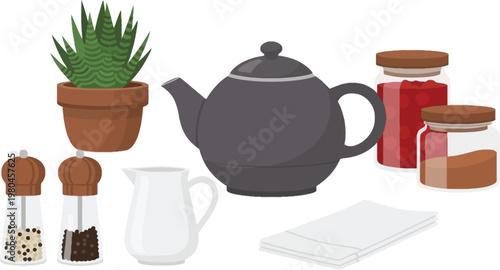 Kitchen Tea Set Vector Illustration with Teapot, Spice Jars, Plant Pot, Pepper Grinder, Milk Jug and Napkins for Cooking and Home Interior Design