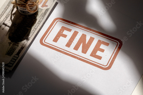 Red Fine Stamp on White Paper with Rolled Dollar Bills - Penalty Concept
