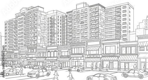 Sketch of a Modern Apartment Building with Shops Below.