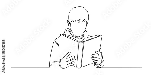 A single line drawing illustration of a young person focused on reading an open hardcover book