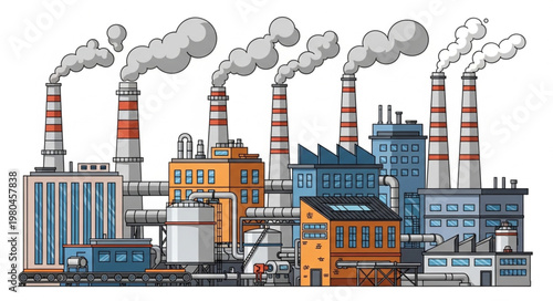 Industrial factory with smoking chimneys and complex architecture.