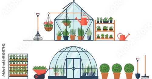 Greenhouse Gardening Vector Set with Glass House, Plants, Tools, Shelves and Pots for Urban Farming, Horticulture and Garden Care Illustration