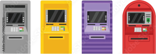 ATM Machine Vector Set with Different Banking Terminals for Cash Withdrawal, Deposit and Financial Services Illustration in Various Colors and Styles