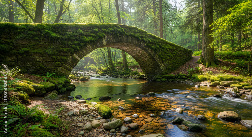 Fototapeta premium Ancient stone bridge covered in moss over a forest stream