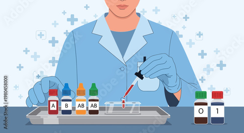 Medical laboratory technician performing blood typing test with ABO and Rh reagents