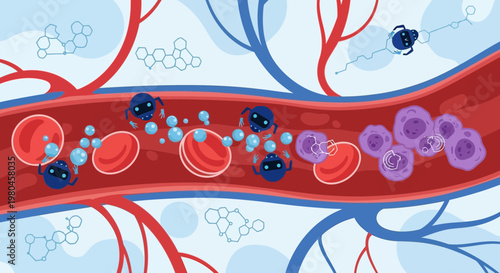 Medical Nanobots Fighting Cancer Cells in Bloodstream, Futuristic Medical Technology