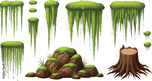 Cartoon Moss and Nature Elements Vector Set with Hanging Grass, Rock Formation and Tree Stump for Game Assets, Forest Environment and Fantasy Landscape Design