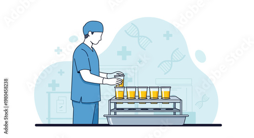 Medical professional conducting urine analysis in laboratory with DNA helix background