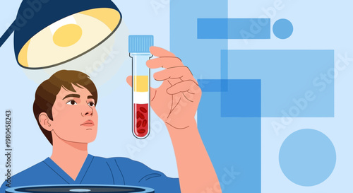 Medical professional examining blood sample under laboratory light, science research concept