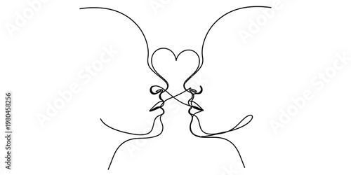 A minimalist single continuous line drawing of two faces coming together to form a heart shape
