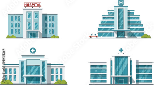Hospital Building Vector Set with Modern Medical Centers, Clinics and Healthcare Facilities Exterior for Emergency, Treatment and Medical Service Illustration