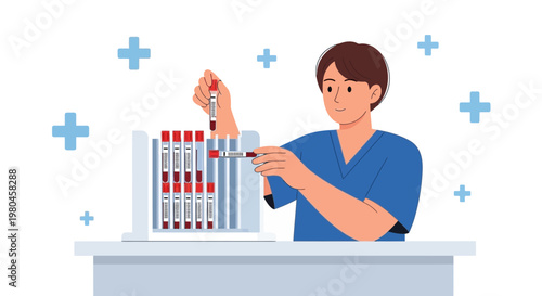 Medical professional handling blood test tubes in laboratory, scientific research and healthcare concept
