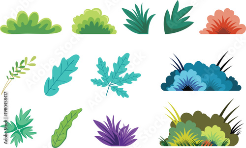 Set icon of leaves illustration with other plant element for video game