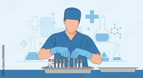 Medical professional in blue scrubs and gloves arranging test tubes in a laboratory setting.