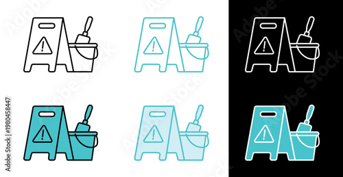 Wet floor caution sign with mop bucket icon for cleaning safety alerts in line and fill style