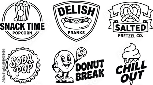 Set of black and white snack food logos and emblems