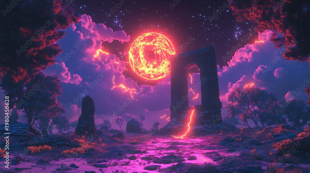 Obraz premium Otherworldly landscape with glowing celestial body and ancient archway ruin