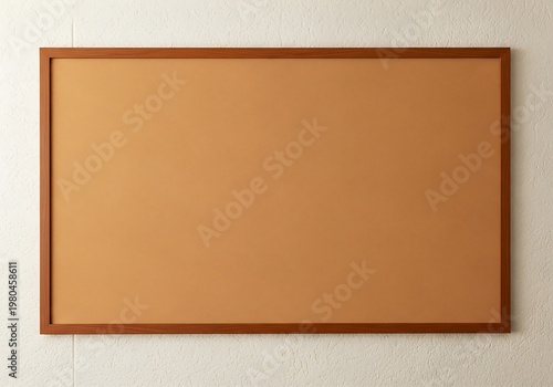 Empty wooden framed corkboard bulletin board on white textured wall mockup