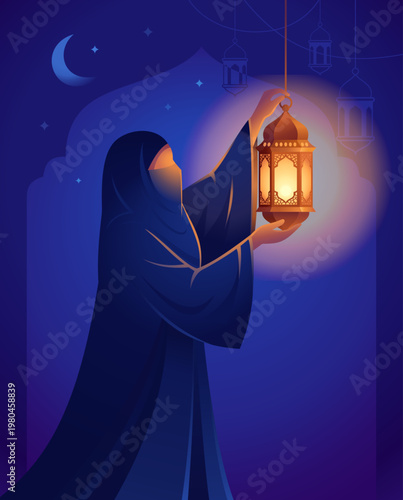 Flat vector illustration of a Muslim woman in a flowing abaya holding a glowing lantern at night under a crescent moon, symbolizing Eid celebration, spirituality, and peaceful reflection.