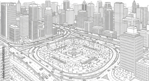 Aerial sketch of a modern city with skyscrapers and a central roundabout.