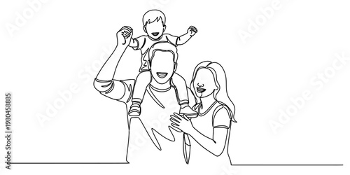A single continuous line drawing illustration of a happy family consisting of parents and child