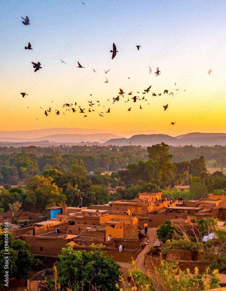 Obraz premium Birds flying over a traditional village at vibrant sunset.