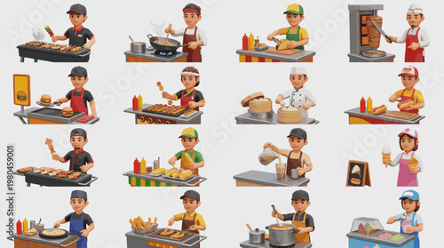 Collection of chefs and cooks preparing meals baking bread grilling meat and serving food in restaurant kitchen scenes in colorful flat vector style