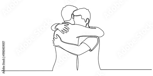 A minimalist single line drawing of two people sharing a warm and supportive hug together here