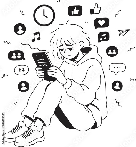 Social Media Addiction Endless Scrolling Smartphone Overuse Stress Concept Outline Vector Illustration