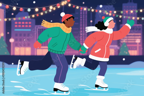 Illustration Of A Warmly Dressed Couple Holding Hands While Ice Skating Vector Design Template