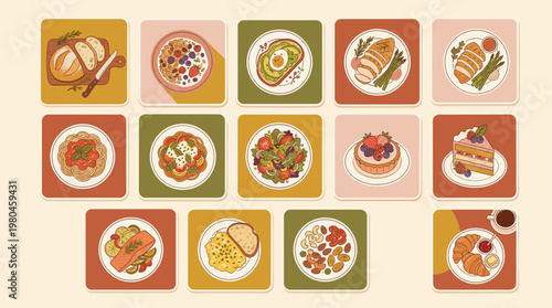 Japanese food icon set with sushi ramen soup salad seafood and desserts arranged in colorful square tiles for menu or restaurant design