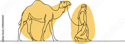 Traditional bedouin man leading a single camel through the desert landscape in a simple minimalist continuous line art style drawing that captures cultural heritage and nomadic lifestyle in the dunes