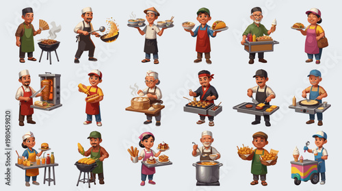 Collection of chefs and cooks preparing meals grilling serving desserts and working in restaurant kitchen scenes in colorful flat vector style