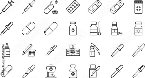 Medical Pharmacy Line Icon Set Featuring Syringe Pills Capsules Medicine Bottles Dropper and Healthcare Treatment Symbols