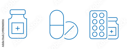 a bottle of medicine pill icon set medical capsule prescription with cross sign vector illustration