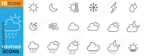 Weather icons. Weather forecast icon set. Clouds logo. Weather , clouds, sunny day, moon, snowflakes, wind, sun day. Vector illustration.