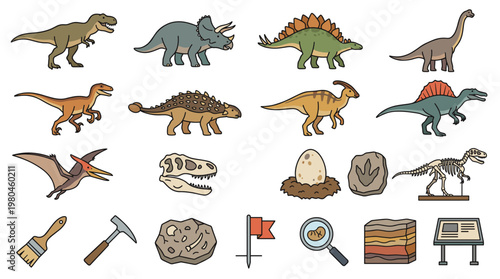 Prehistoric dinosaur collection with fossils eggs footprints excavation tools rocks and information signs in educational cartoon vector style
