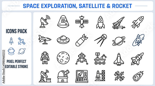 Space exploration satellite rocket astronomy outline vector icon set