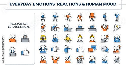 Human emotions reactions gestures character flat color vector icons