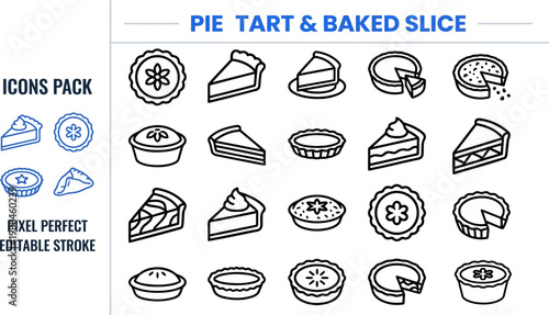 Pie tart baked slice bakery dessert outline vector icons