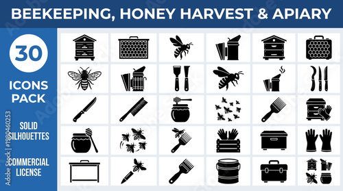 Beekeeping honey harvest apiary solid black vector icon set