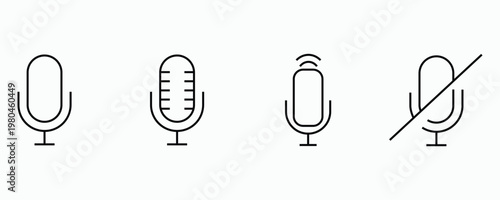 Audio Microphone and Voice Recording Icon Set include Studio Mic, Podcast Equipment, Sound Signal, Mute Microphone and Vocal Communication