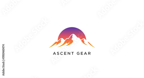 Colorful mountain range logo with gradient sun and text Ascent Gear.