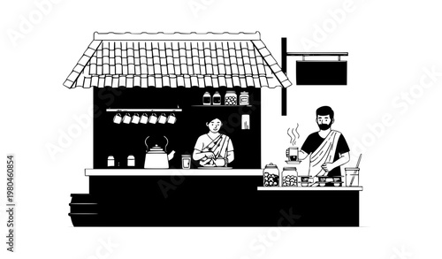 Kerala traditional tea shop vector illustration with chai stall and Indian street cafe scene